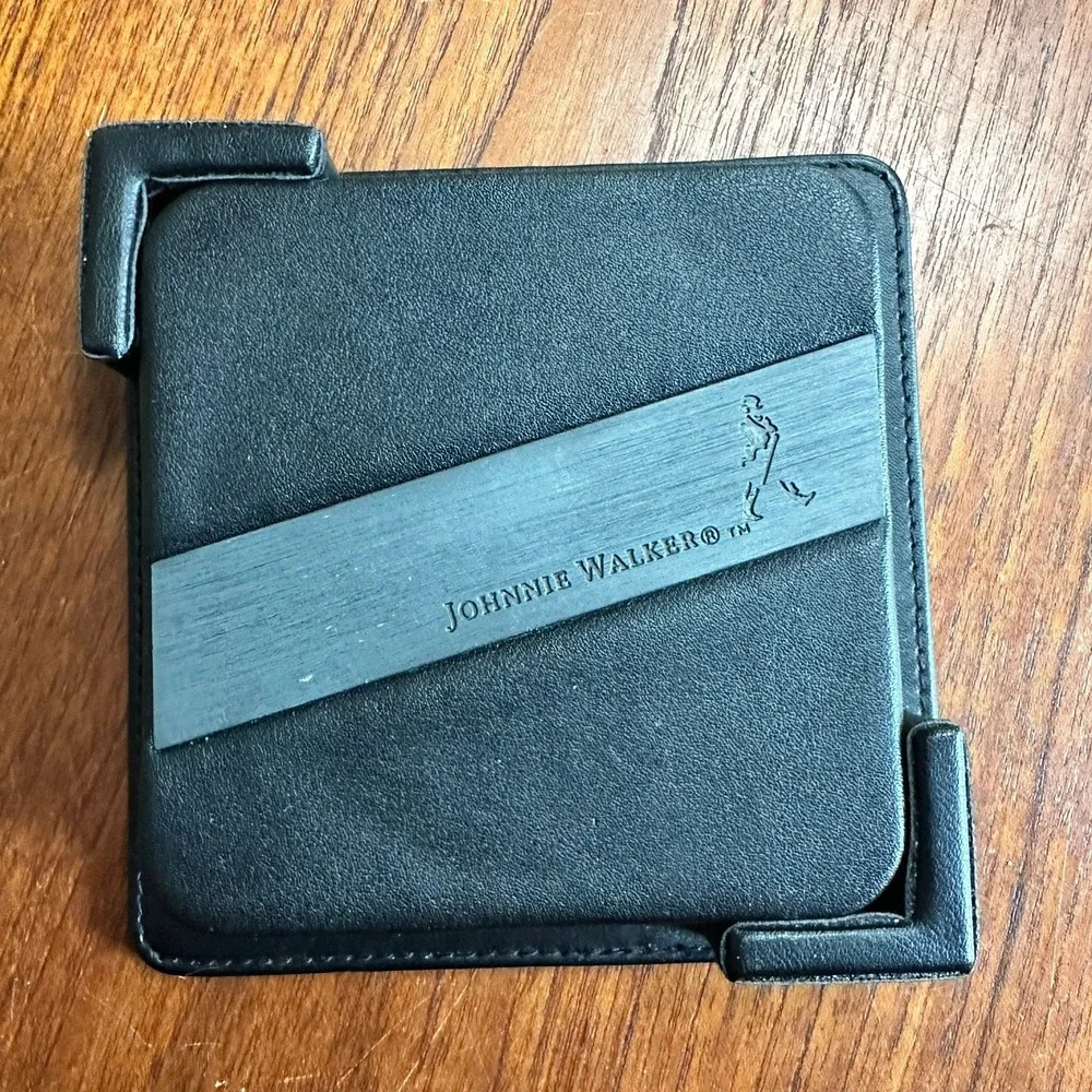 Johnnie Walker Black Faux Leather Coaster Set 4 Piece & Holder Barware Man Cave